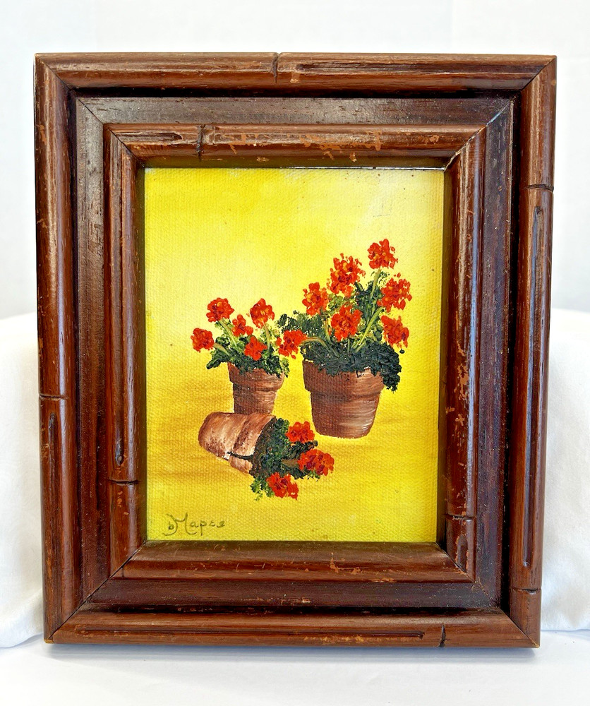 Vintage Signed Mapes Oil Painting – Red Geraniums Potted Still Life Wood Framed