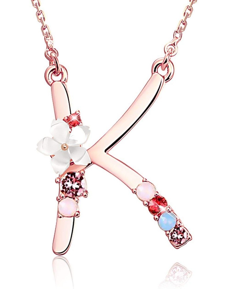 Pink Red Blue Flower Initial Necklace with Simulated Pearl Pendant