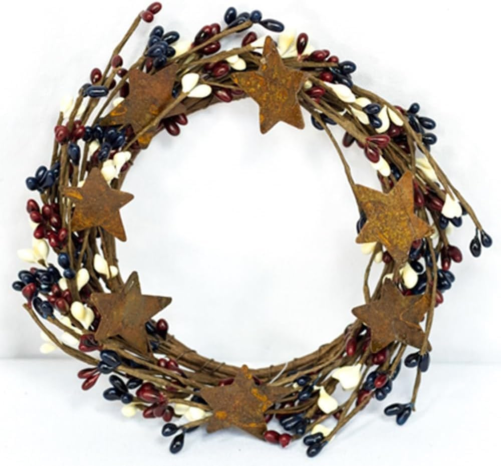Patriotic Pip Candle Ring with Rusty Stars | 8 Inch - 4 Inch Center | Red,White,