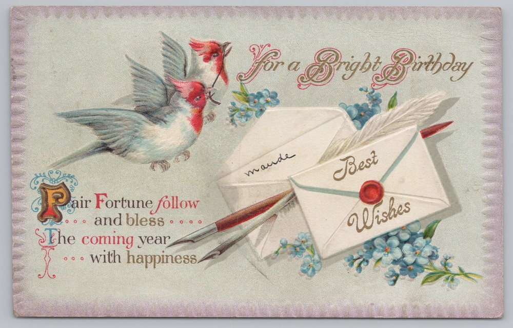 Greetings~Birds Forget Me Nots Envelopes Bright Birthday~Vintage Postcard