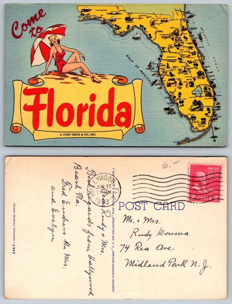 Vintage Florida Map Pin-Up Girl Curt Teich Linen Postcard Hollywood FL 1953