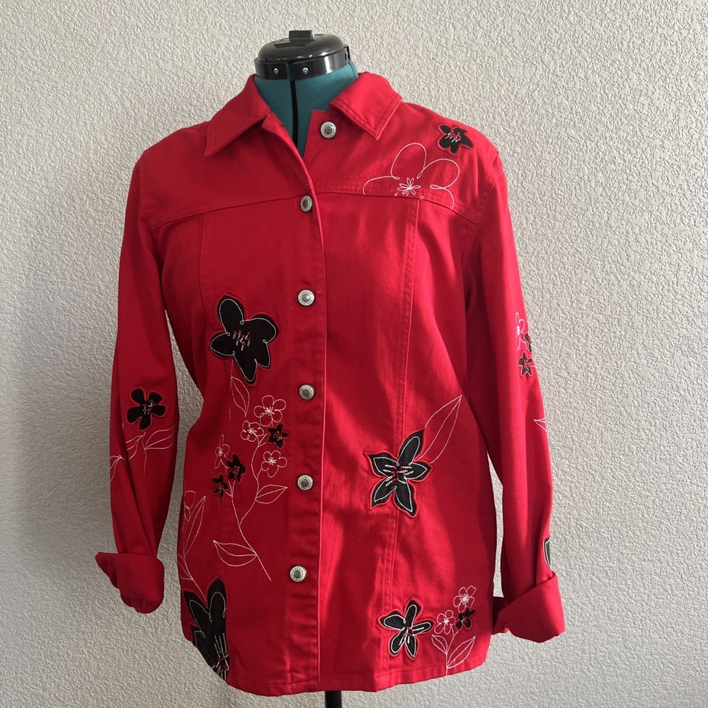 Coldwater Creek Red Floral Embroidered Button Front Cotton Jacket Womens Large