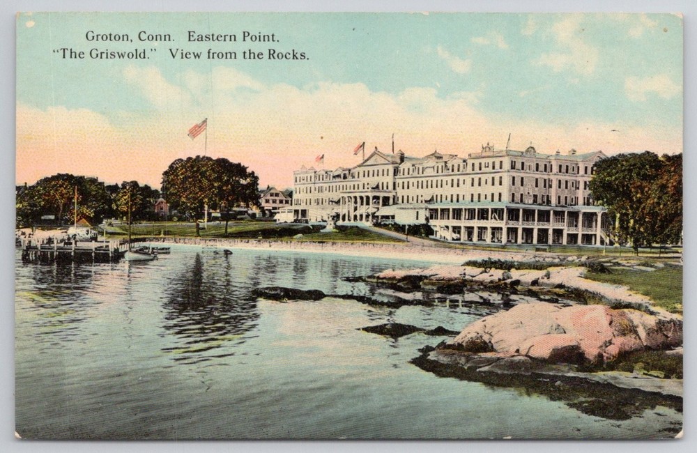 Groton CT Eastern Point The Griswold Hotel View from Rocks Vintage Postcard