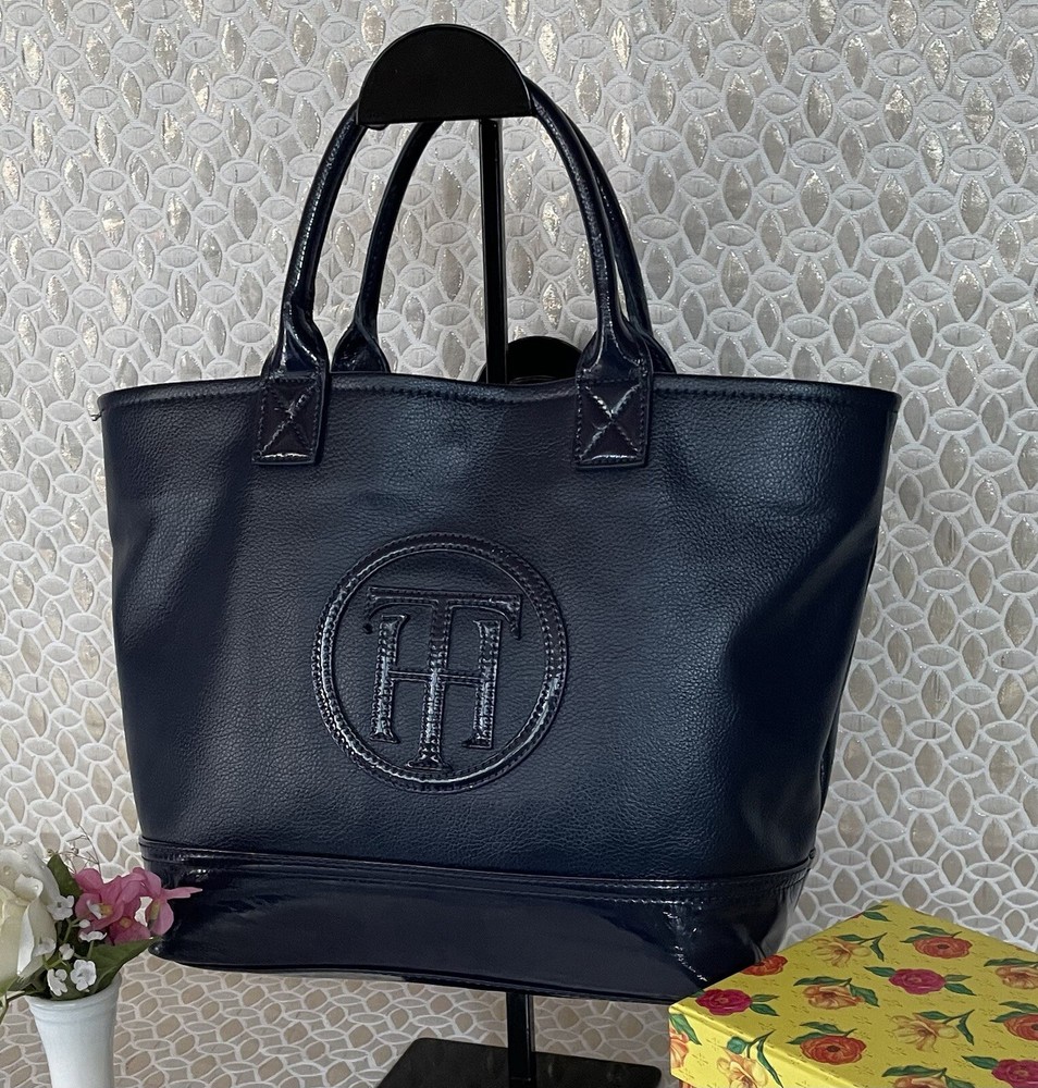 Tommy Hilfiger Navy Blue Patent Leather Tote Shoulder Bag