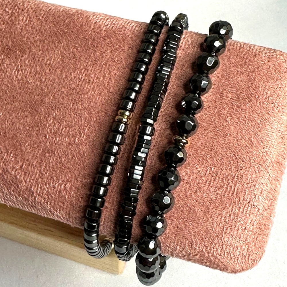 Park Lane Tatum Black Hematite Stretch Bracelet Set of 3 Gold-tone Accents