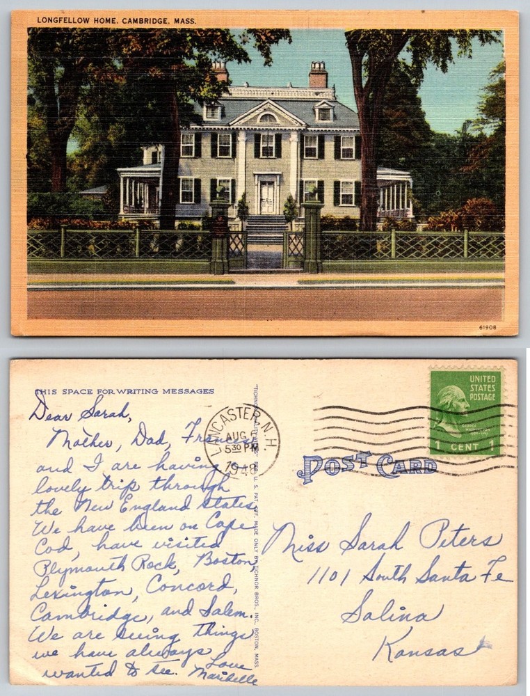 Vintage Longfellow Home Cambridge MA Linen Postcard Tichnor 1948 Posted