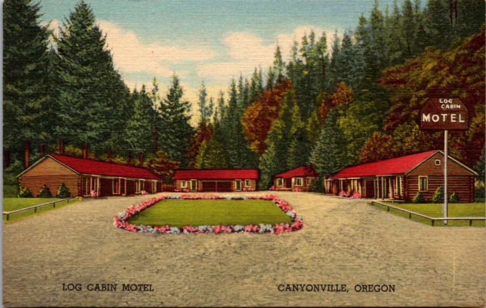 Linen Postcard Log Cabin Motel in Canyonville, Oregon