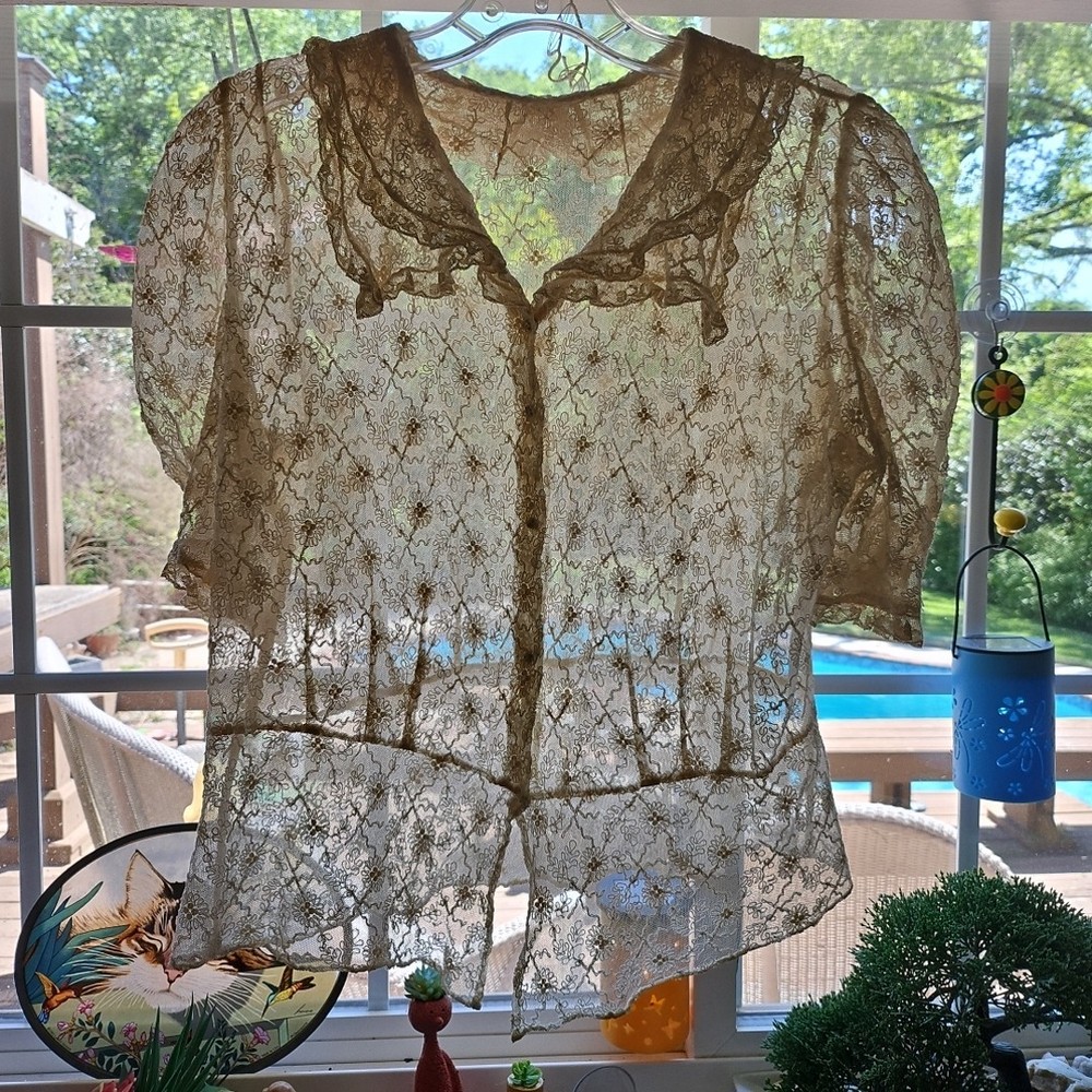 Vintage 1900s Sheer Full Cotton Lace Crop Top Blouse Peplum Waist M  Small Holes