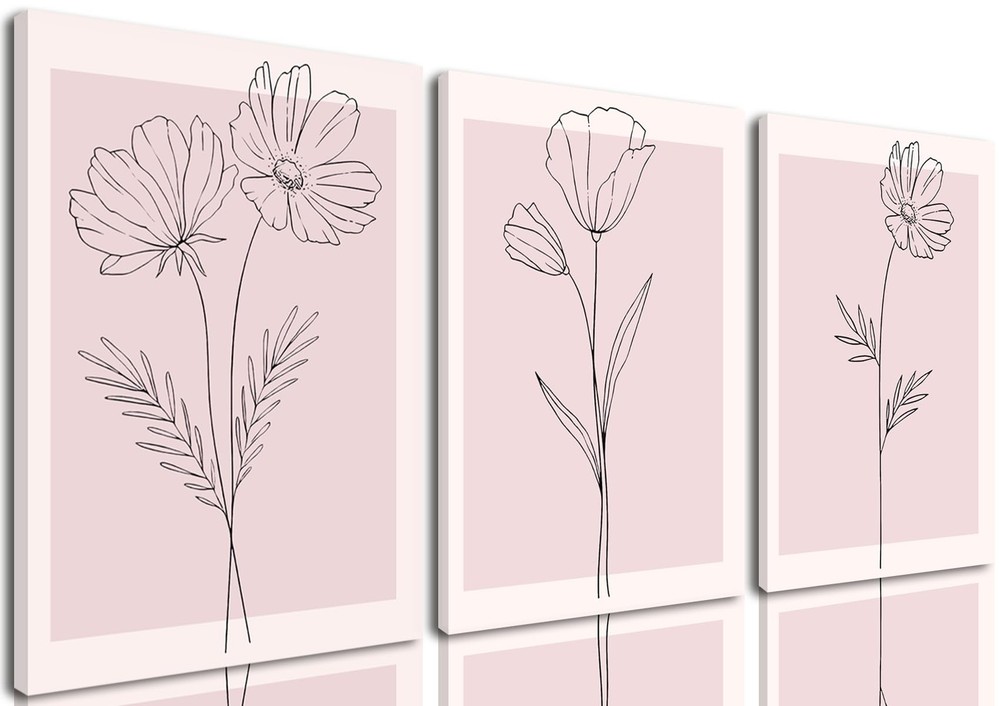 Pink Flowers Wall Art Set of 3, Light Pink Wall Decor, Botanical Line Room De...