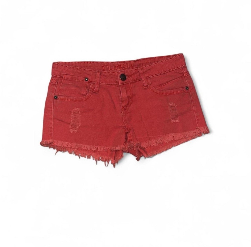 Rue21 Red Denim Shorts | Size 7/8 | Y2K Festival Frayed Hem