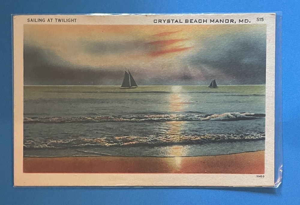 Crystal Beach Manor Maryland Sailing At Twilight Linen Postcard ￼