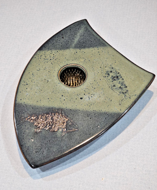 Mid Century Modern Flower Frog Vase, Midnight Green and Sage Green Fish Design