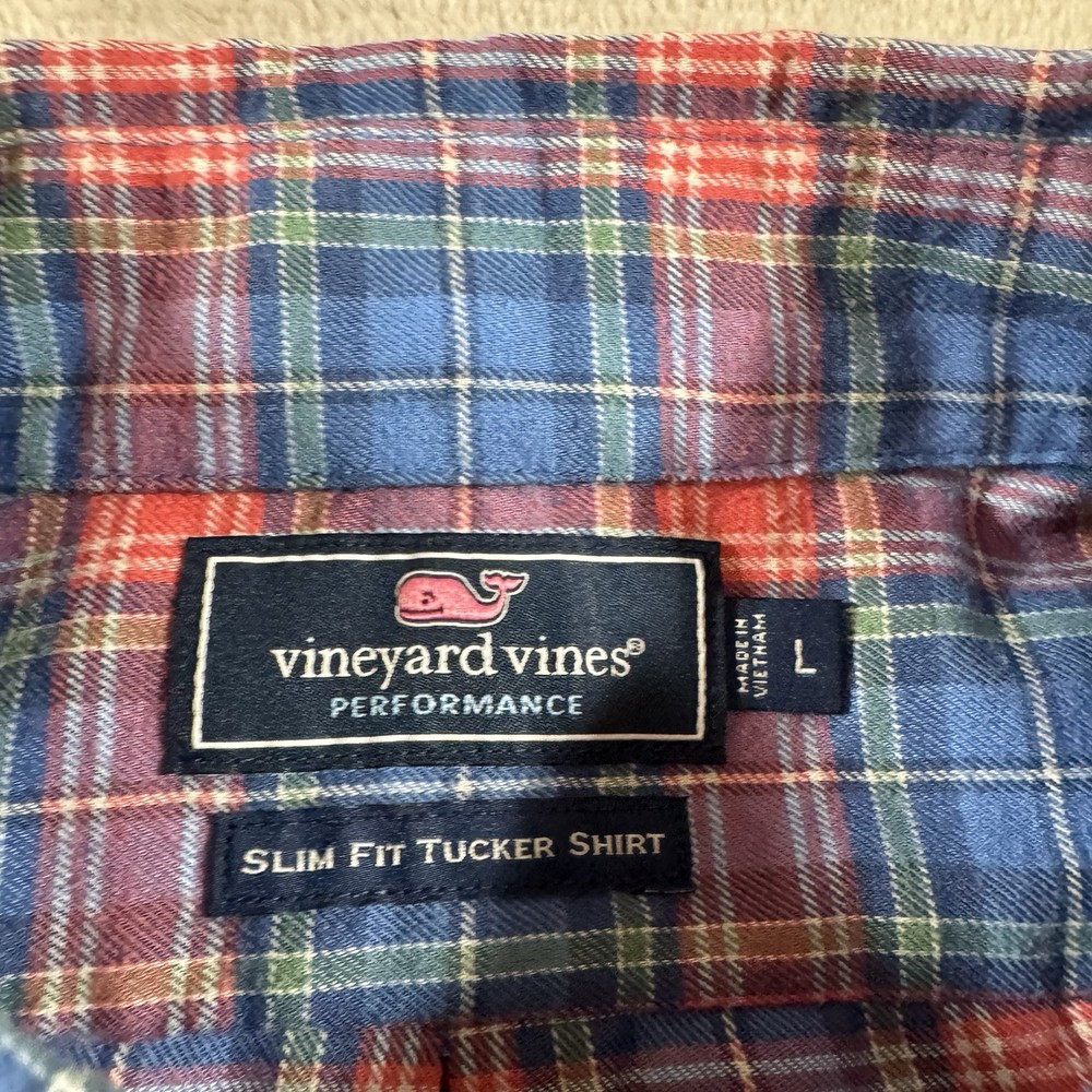 Vineyard Vines shirt Men L button down Slim Fit Tucker red blue Plaid Flannel