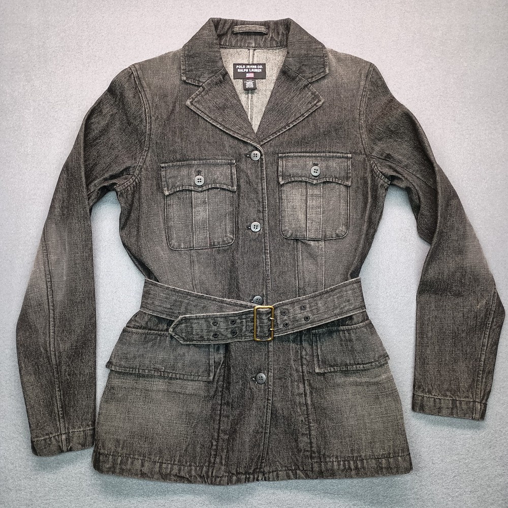 Ralph Lauren Polo Jeans Jacket Womens Medium Denim Faded Black Belted VTG Y2k 90