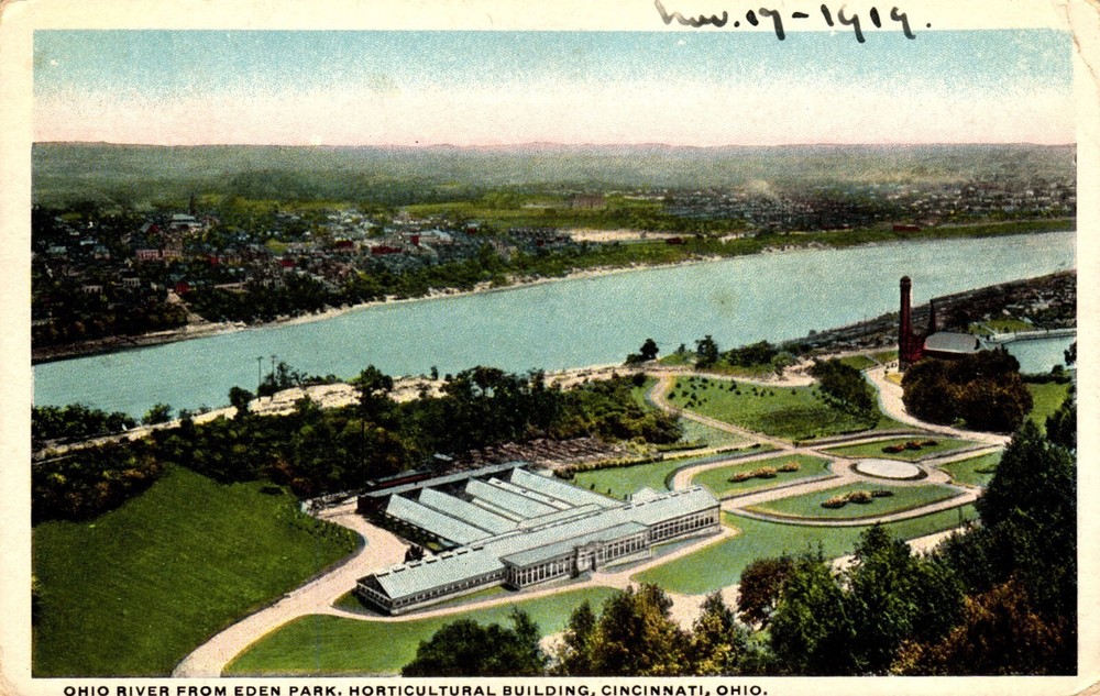 Postcard Ohio River from Eden Park horticultural building, Cincinnati, Ohio