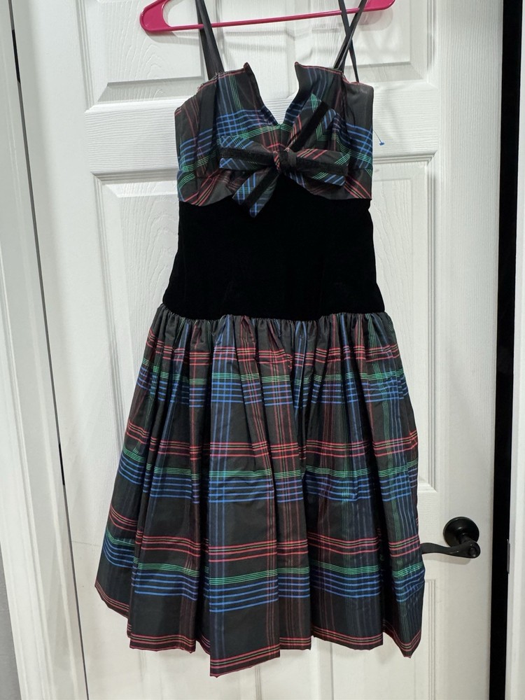Size 10 Plaid Dress 90s Strapless Velvet & Taffeta Cocktail By Victor Costa