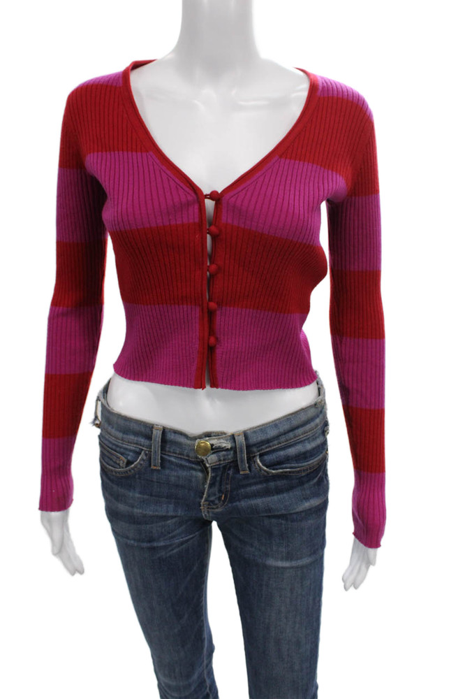 Rebecca Taylor Women Red Striped V-Neck Cardigan Wool Long-Sleeve Size XSFree Shipping in US $100+ Orders | $6.95 Orders Below