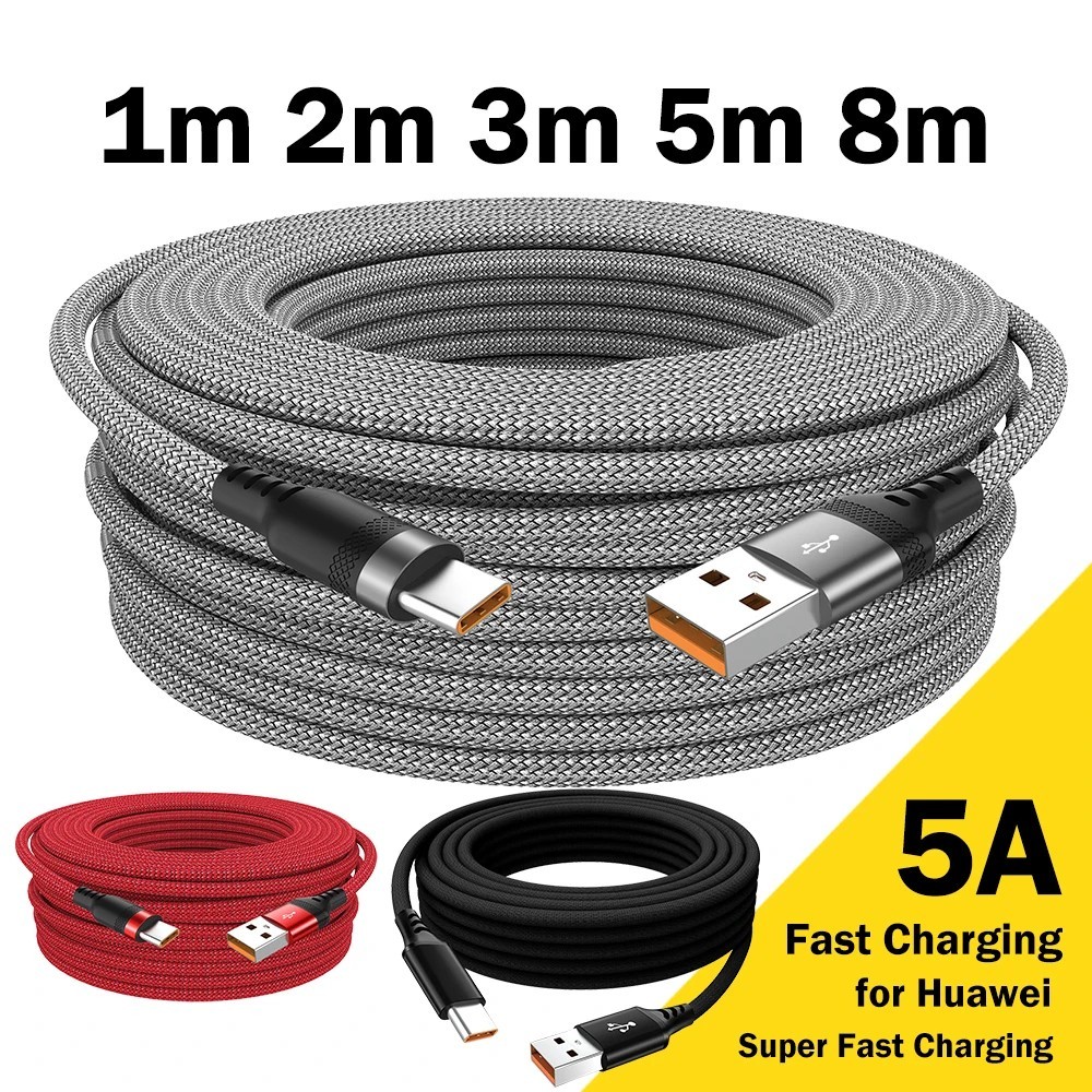 USB Type-C Cable 5A Super Fast Charging Extension 3m/5m/8m for Universal Samsung