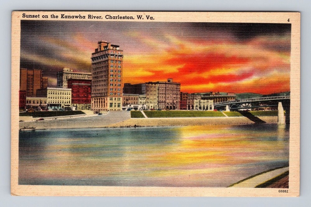 Charleston WV- West Virginia, Sunset On The Kanawha River, Vintage Postcard