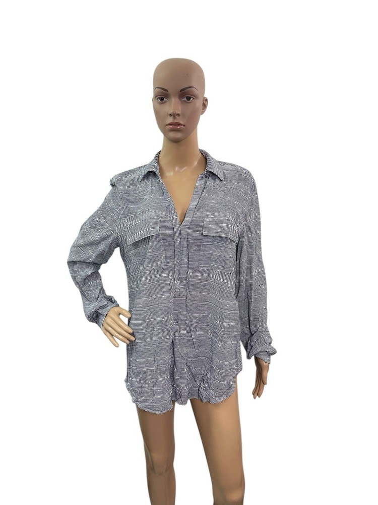 Ann Taylor Factory Women’s Size L Long Sleeve V Neck Black White Blouse