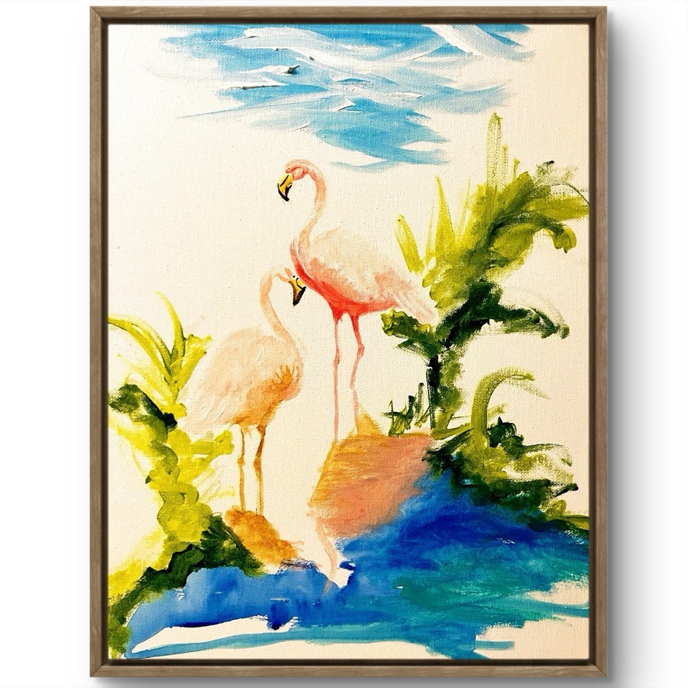 TITA PAINTZ Flamingos By The Water Minimalist Hand Painted 11x14 Canvas Wall Ar