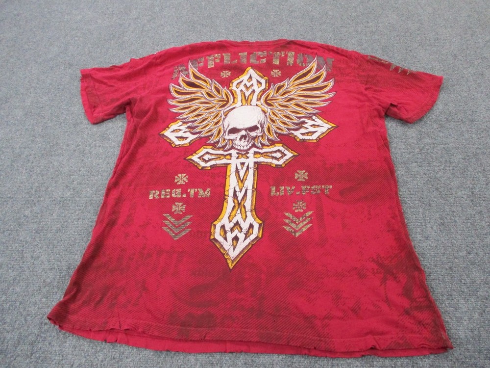 Affliction Shirt Mens 2XL Skull Cross Graphic Live Fast Distressed USA Made Y2K