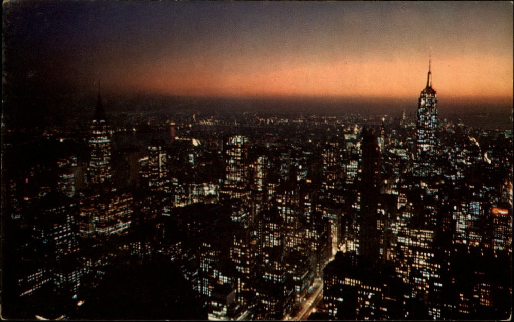 Aerial View Midtown Manhattan New York City vintage night postcard g645