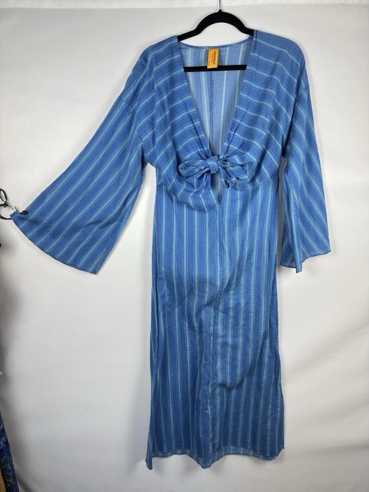 Simon Miller Dress Sz 2  Axon Knit Midi Blue Sky Bell Slv Striped Designer Size
