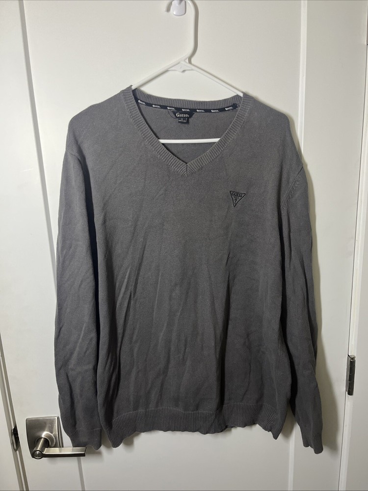 Guess Sweater Mens Extra Large Gray Knitted V Neck Long Sleeve Stretch Pullover
