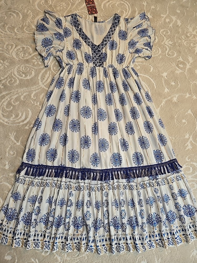 NWT Anthropologie Me 2 Magic Sz 2X Blue Metallic Tassel Tiered Boho Maxi Dress