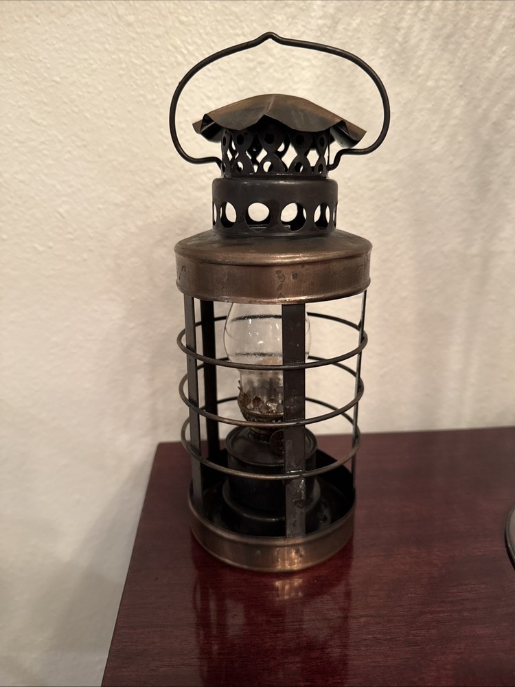 Vintage Lantern Oil Lamp With Metal Cage And Glass Chimney And Handle