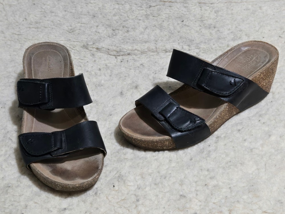 Clarks Artisan Womens Black Leather Wedge Slide Sandals Size 8 M Open Toe