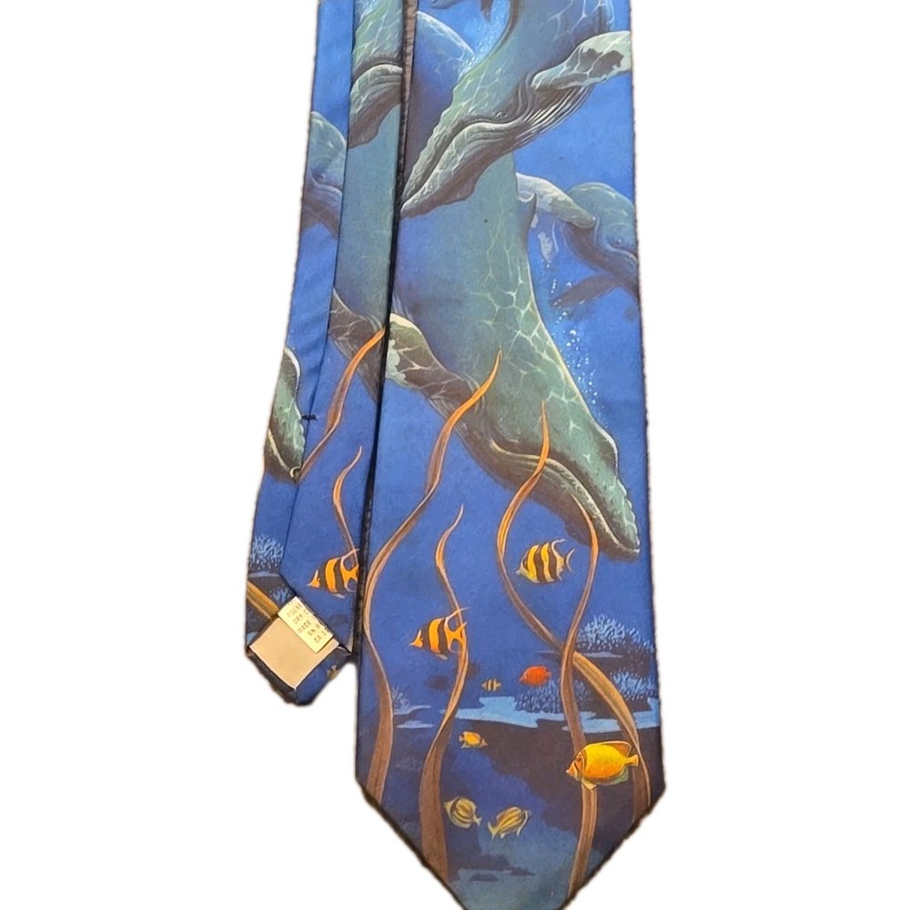 Vtg 1994 Ralph Marlin Tie Men Humpback Whales Nature Ocean Sea Animal Print Blue