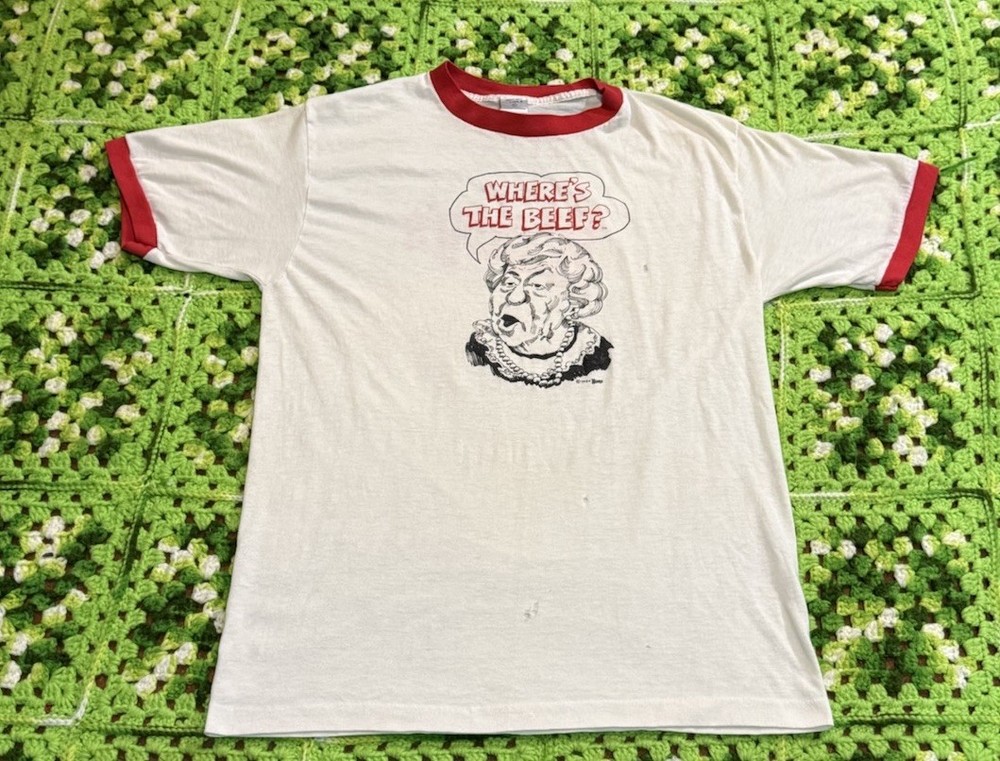 Vtg 80s Wendy's Fast Food Where's The Beef Slogan Ringer Shirt Xl USA Retro Fun
