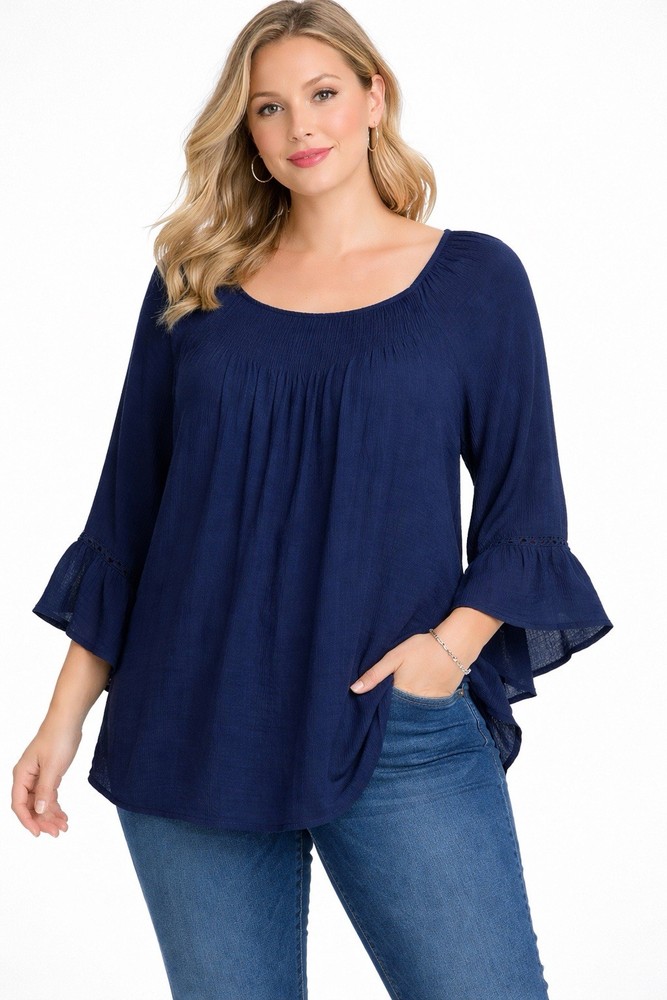 Westport Navy Blue Boho Blouse Women’s 3X Flowy Gauze 3/4 Sleeve