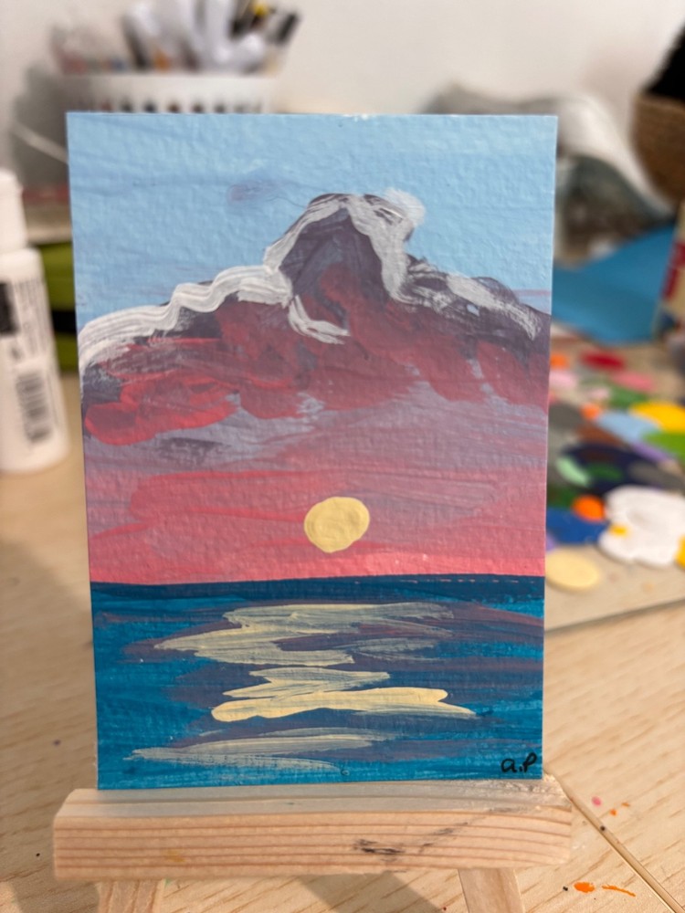 ACEO Original, Ocean Sunset, Acrylic Painting, 2.5 x 3.5 in