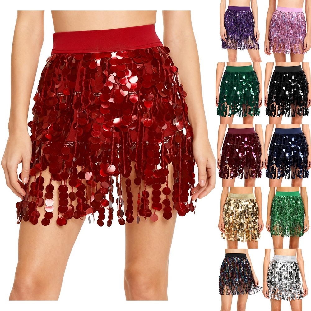 Women Ballroom Birthday Belly Dance Cha Cha Skirt Rumba Sequin Rave Swing Club