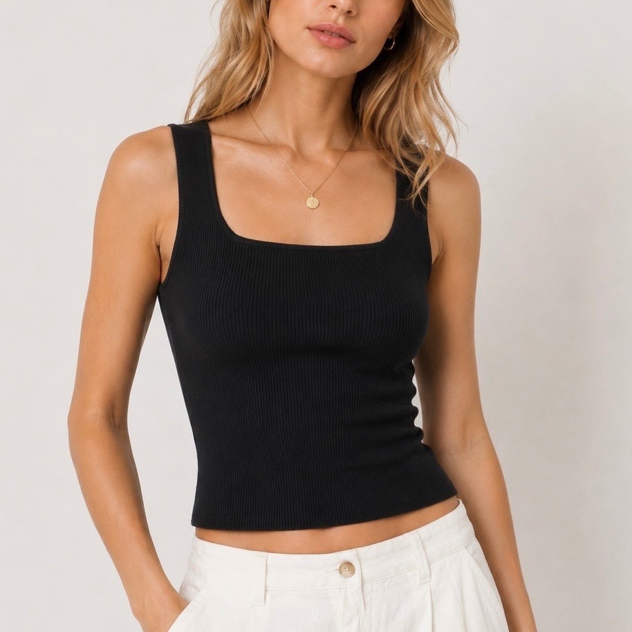 Reformation Julia Ribbed Sweater Tank Womens Large Black Square Neck Fitted Top