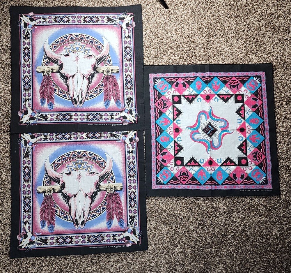 Vintage Native American Bandana Lot Cotton USA Made Steer Cow Skull Aztec