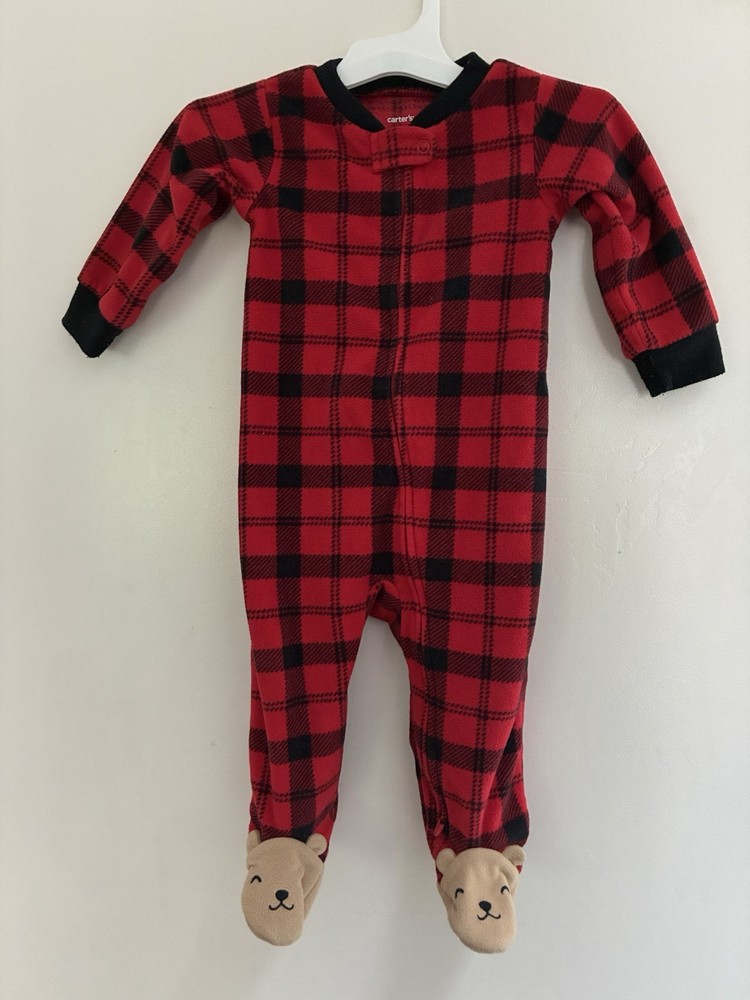 Carter's Baby Boy Girl Cute Bear Footie Cozy Fleece Buffalo Plaid 1-Piece Red 9M