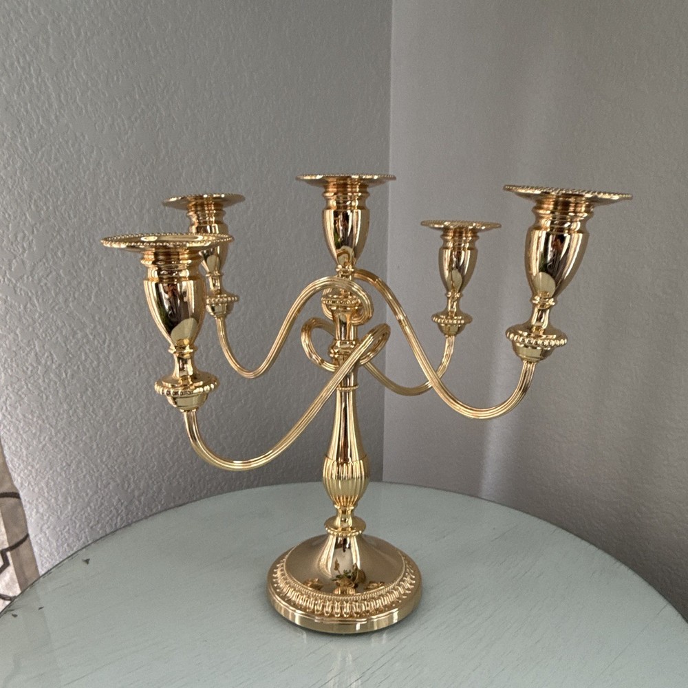 Gold Polished Metal 5-Arm Candelabra Freestanding Taper Candle Holder 13