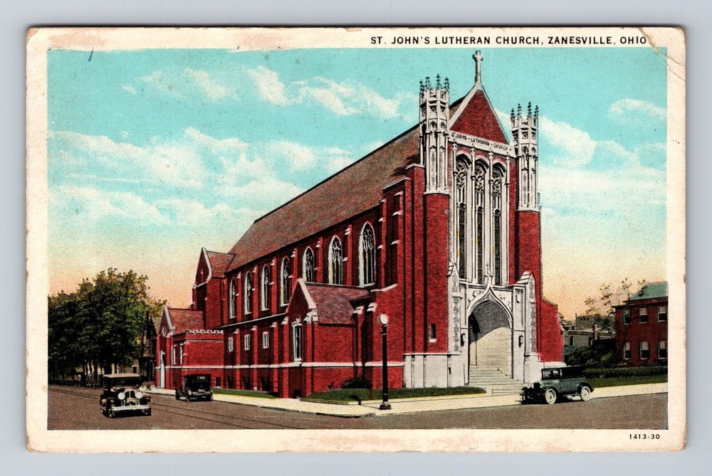 Zanesville OH-Ohio, St. John's Luthern Church 1930's Cars Vintage c1936 Postcard