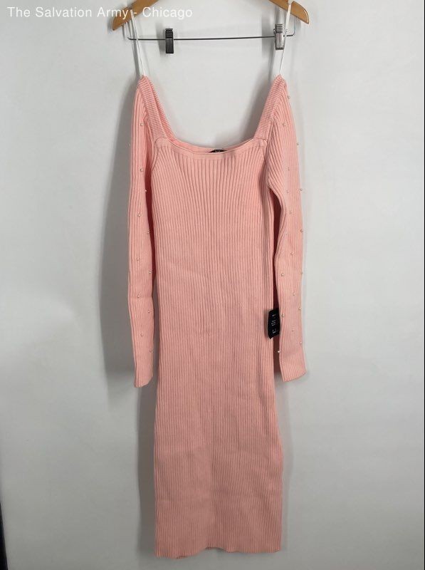 Lulus Womens Pink Knitted Ribbed Pearl Long Sleeve Midi Sweater Dress Size L
