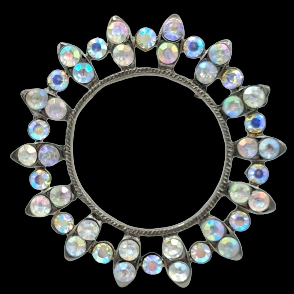 Silver Tone Aurora Borealis Wreath Circle Sunburst Brooch Pin 2