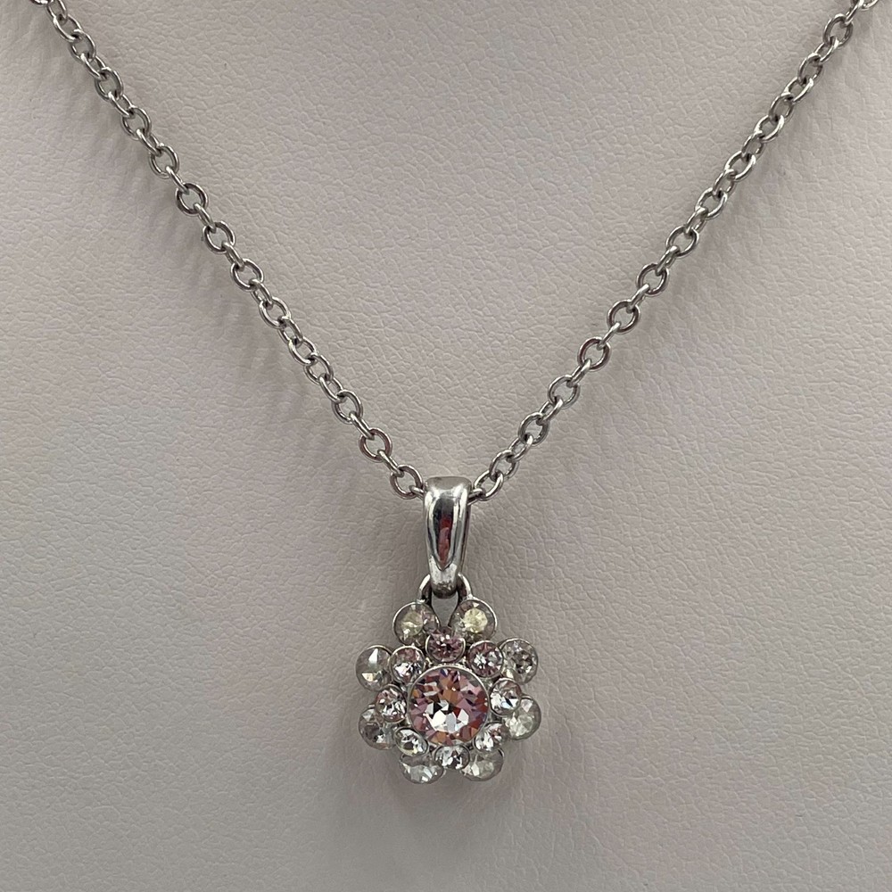 Vintage Lia Sophia Y2K Pink Rhinestone Flower Pendant Necklace Silver Tone