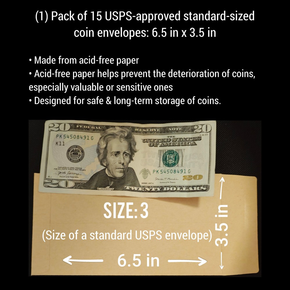 Acid-Free Coin Archival Envelopes 3.5x6.5 15 Pack Free Shipping-image