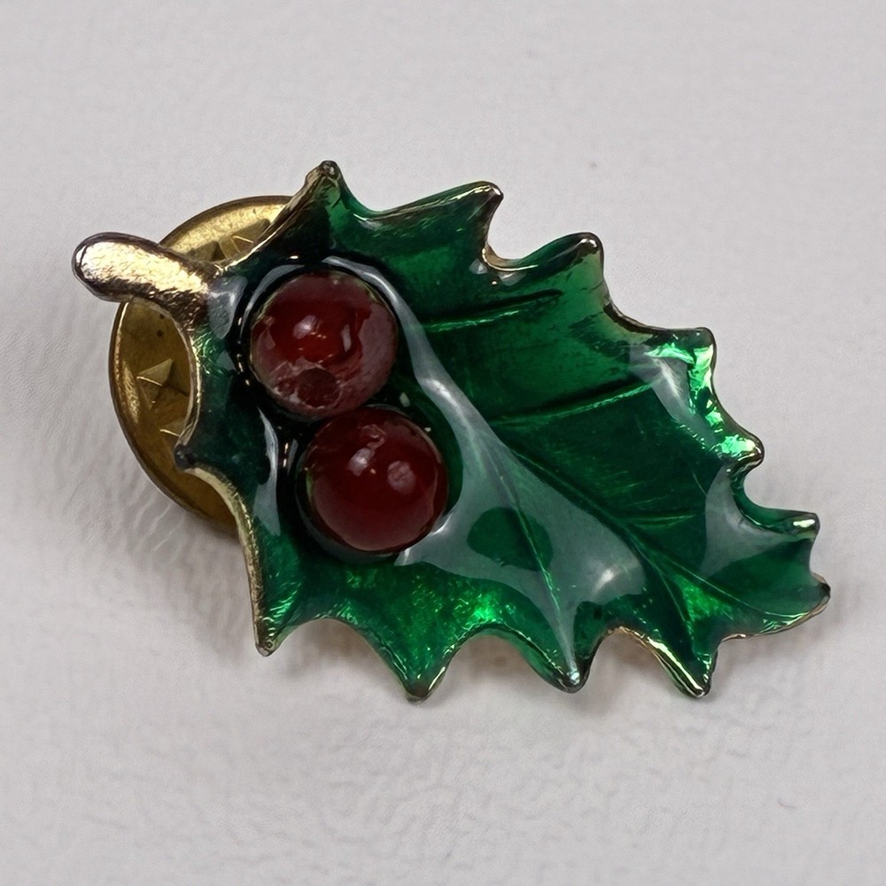 Vintage Holly Leaf Enamel Lapel Pin Green Gold Tone Red Berries Christmas