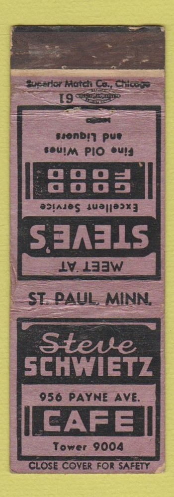 Matchbook Cover - Steve Schwietz Cafe St Paul MN WEAR