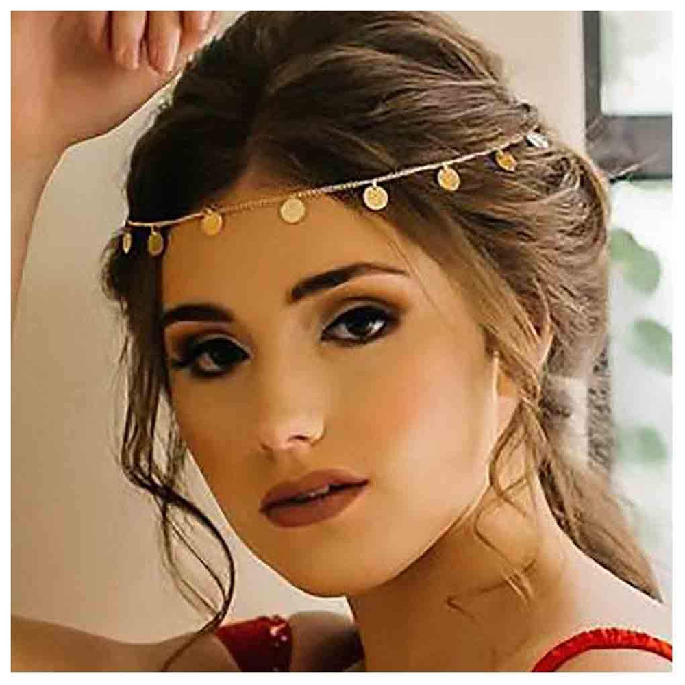 Boho Gold Head Chain Tiny Sequin Headband Coins Disc Headchain Bridal Hair Piece