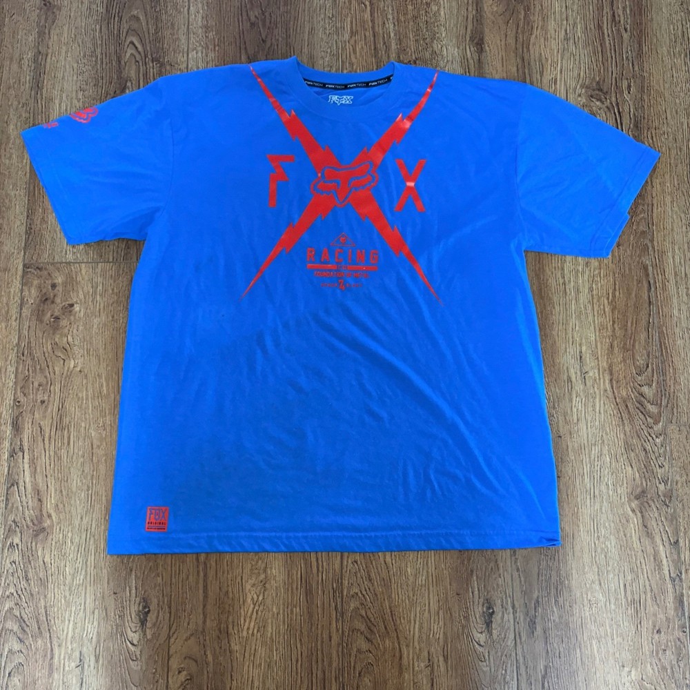 Fox Racing Foxtech Mens XL Blue Lightning Bolt Foundation of Metal T-Shirt Moto